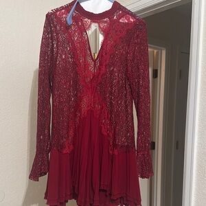 Free People Burgundy Lace Long-Sleeve Mini Dress